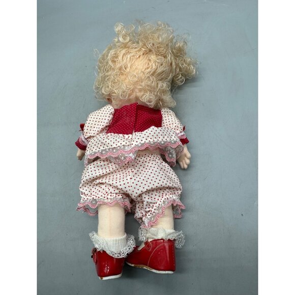 Vintage Handmade Cloth Doll Blonde Curly Hair Polka Dot Dress & Red Shoes READ - Picture 7 of 11